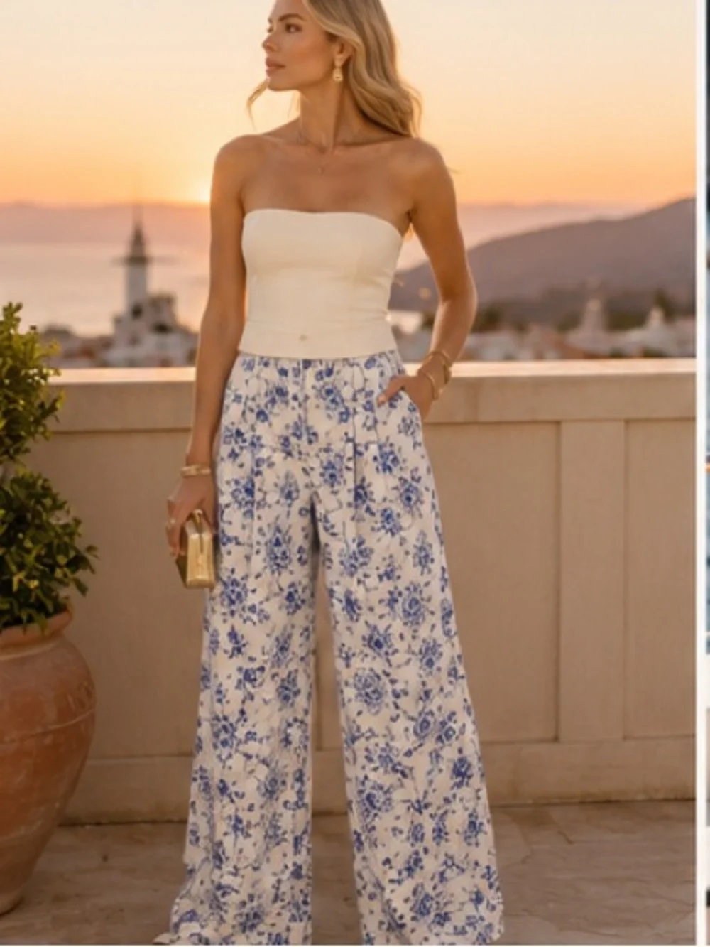 Jason Wu 100% Linen Blue Floral Wide Leg Palazzo Pants Size 8 Resort Luxury